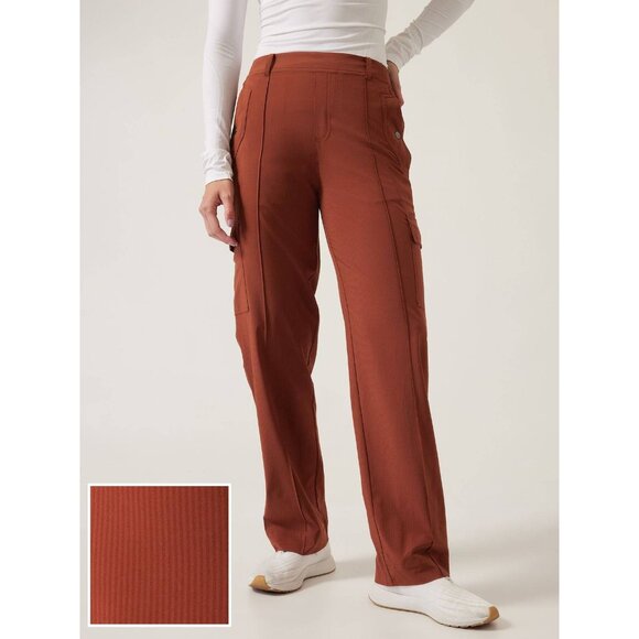 Athleta Vienna Cargo Pant in City Brown Stripe high-rise pull-on straight leg 20 - Picture 1 of 9